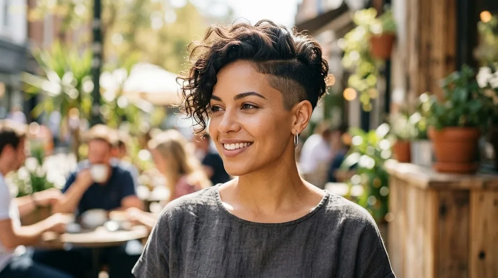 Aik muskurati hui khatoon jinke ghanghryalay baal hain aur unhon ne aik stylish undercut hairstyle banaya hua hai, aik dhoop bhari outdoor cafe mein khari hain.