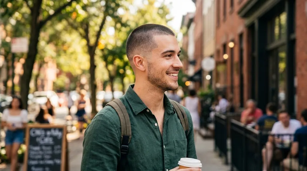 A handsome young man with a neat, low-maintenance buzz cut haircut smiling in a city street.