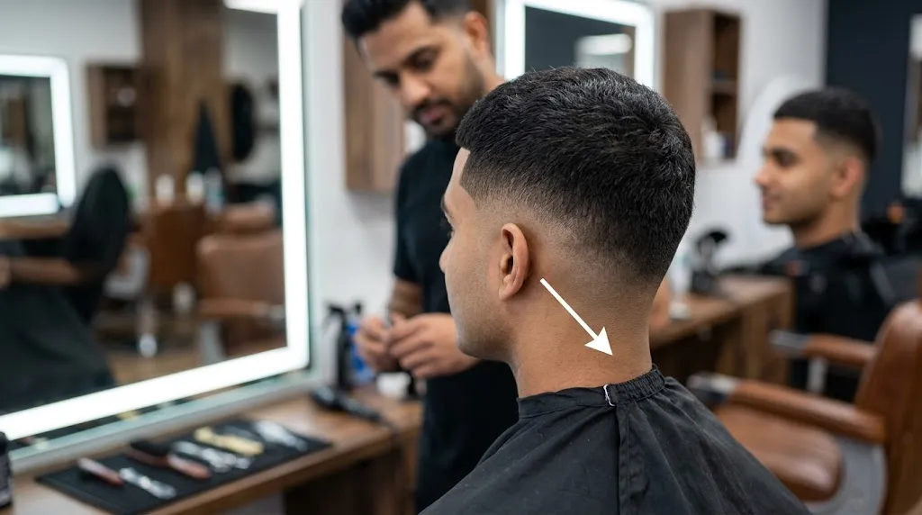 A side view photograph of a man in a barber shop wearing a sharp, precise taper fade haircut. The barbershop environment, including a mirror and stylist, is softly blurred in the background. A white arrow clarifies the gradient fade line.