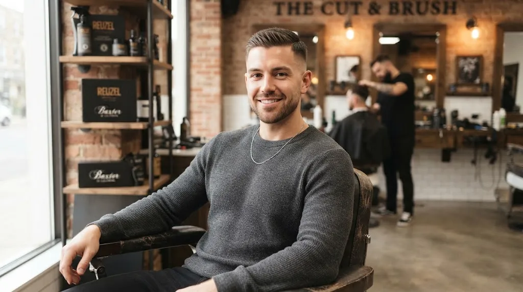 Man with a heart-shaped face wearing a clean crew cut with a low taper haircut in a modern barbershop