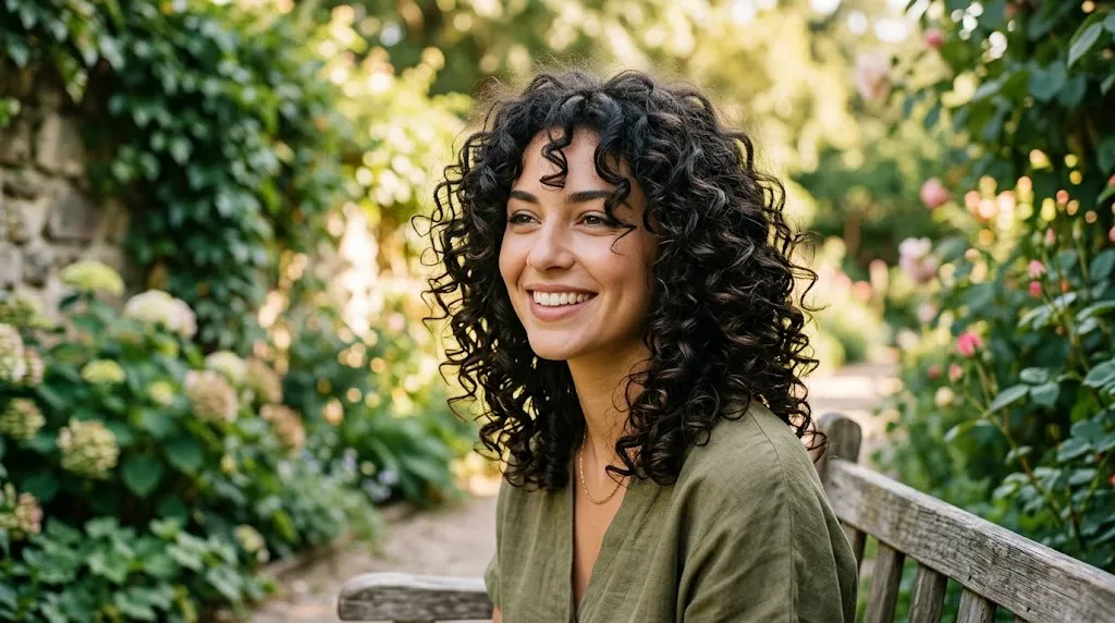 Aik muskurati hui aurat ka portrait jiske dark, natural curly baal hain, jo kandhon tak lambi 'lob' style mein kate hue hain aur chehre ko frame kar rahe hain, aik garden setting mein.