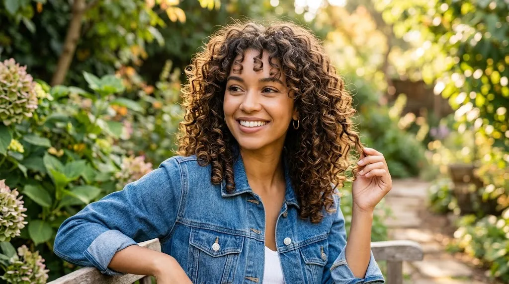A beautiful woman with voluminous, medium-length curly layered hair smiling broadly while sitting in a lush garden. She is wearing a blue denim jacket.