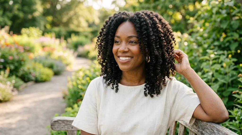 A cheerful Black woman showcasing her beautifully defined, bouncy twist-out hairstyle in a sunlit garden.