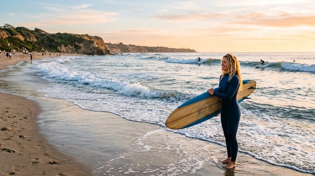 A candid, high-quality photograph of a woman with natural surfer waves hairstyle standing on a beach, holding a longboard and smiling as waves crash during golden hour.