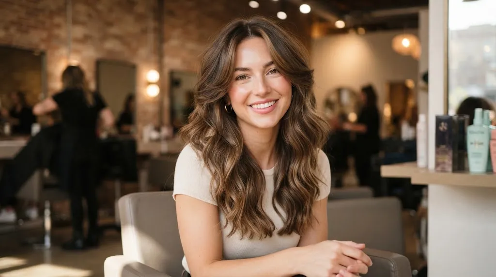 A smiling woman showcasing soft, beautifully blended face-framing layers on wavy hair in a professional salon setting.