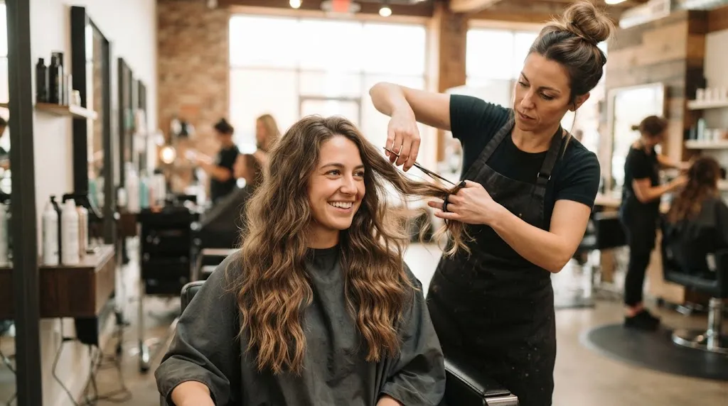 A professional hairstylist cutting and blending long layers on a client with wavy frizzy hair in a salon