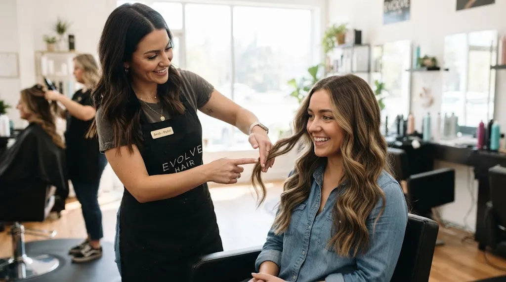 Hairstylist in a salon demonstrating how much hair length will be lost before cutting long wavy hair