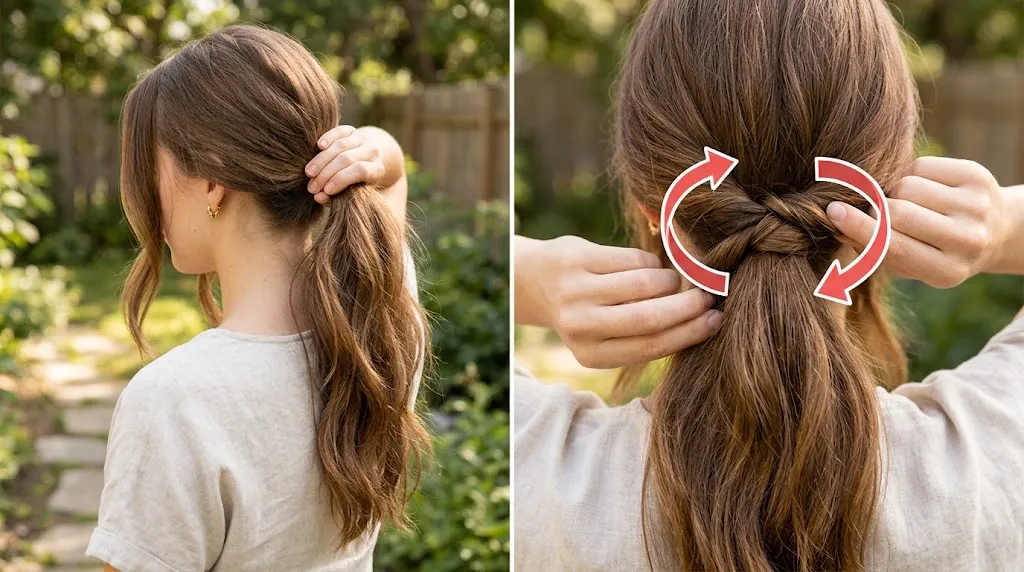 Step-by-step visual hair guide showing how to wrap and twist long hair into a sleek twisted ponytail with directional arrows