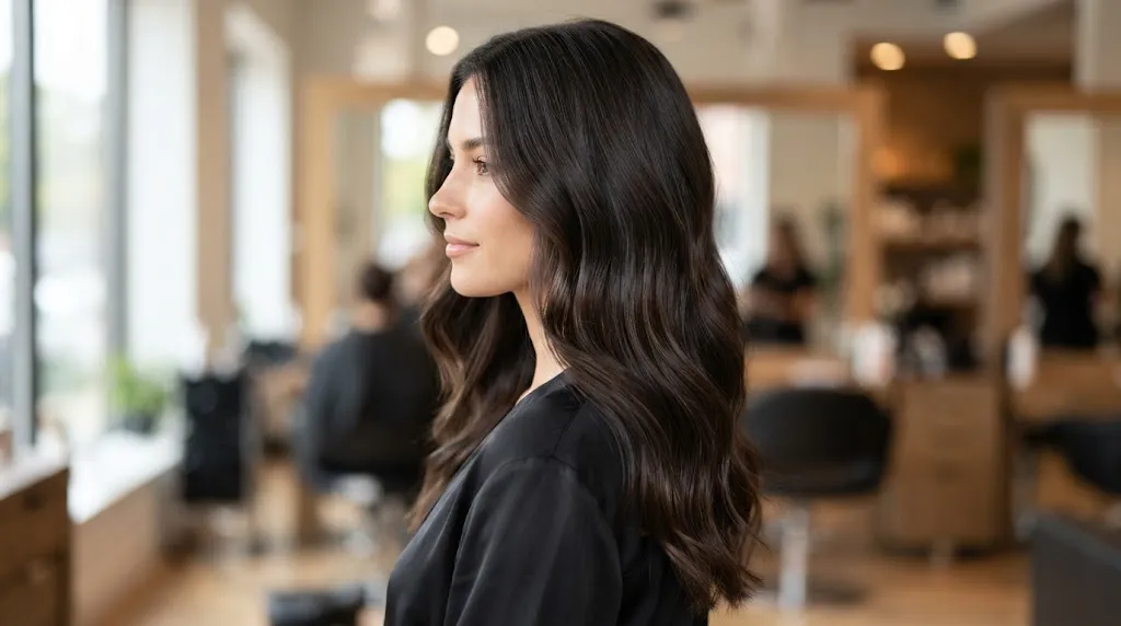 Professional salon view of invisible layers in thick wavy hair showing internal weight reduction without shelf lines