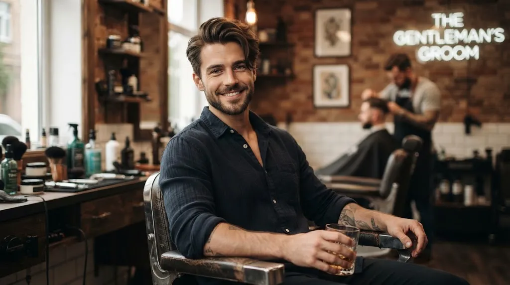 A handsome man showcasing a stylish long hair side part haircut tailored for a heart-shaped face in a modern barbershop environment