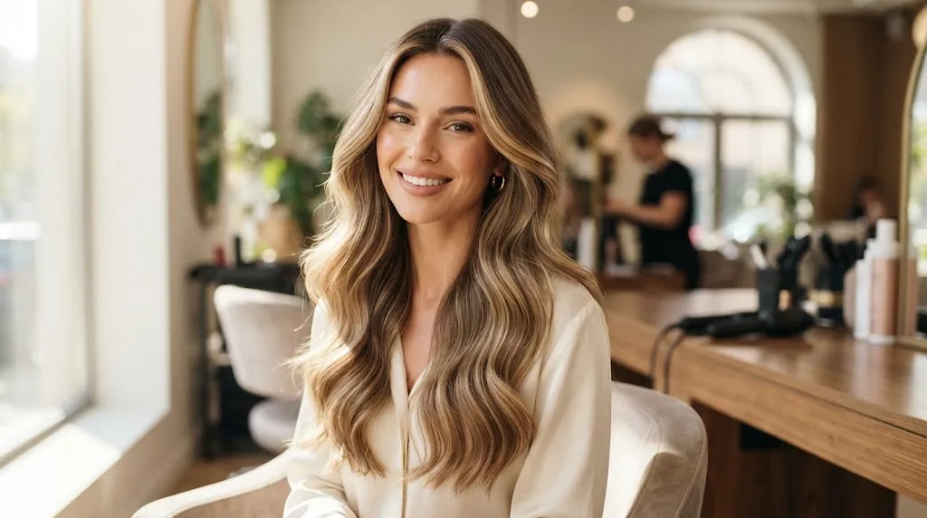Woman with long, smooth, beautifully blended layered hair showcasing reduced frizz and natural movement