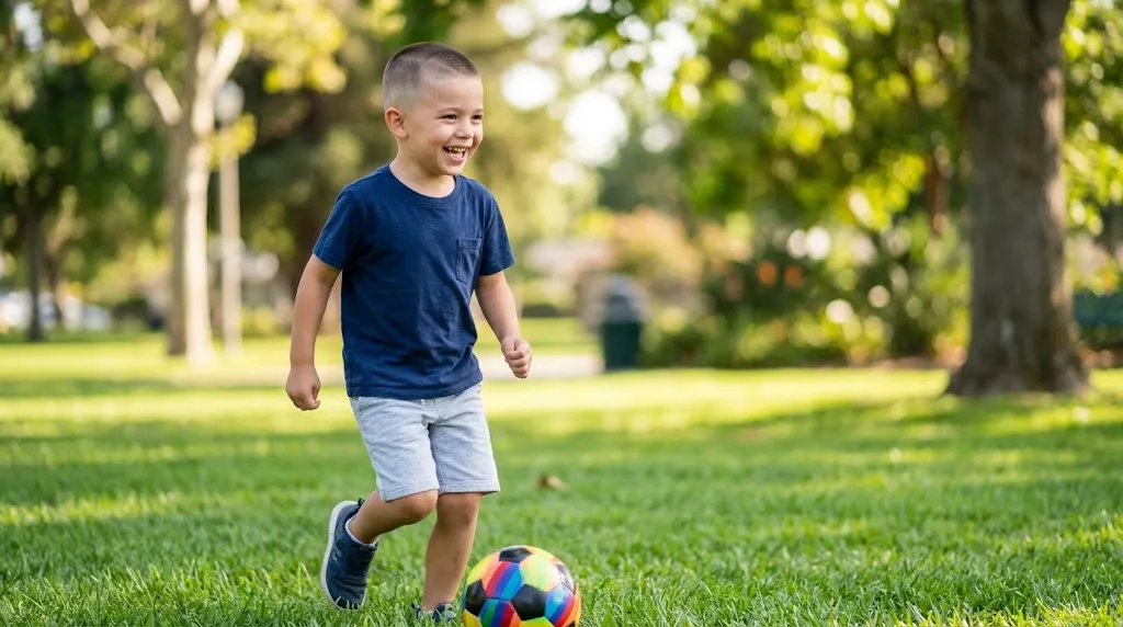 A cheerful young boy with a fresh, clean buzz cut hairstyle, smiling while running on grass with a colorful soccer ball in a sunny park. The image represents practical and comfortable short haircuts for active children.