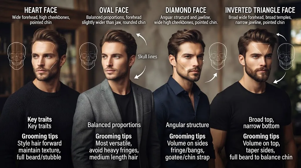 Visual comparison of male face shapes including heart, oval, diamond, and inverted triangle face structures for grooming and haircut selection.