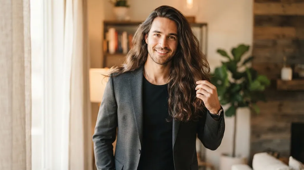A man with long hair with no layers showing how unlayered styles frame a heart-shaped face