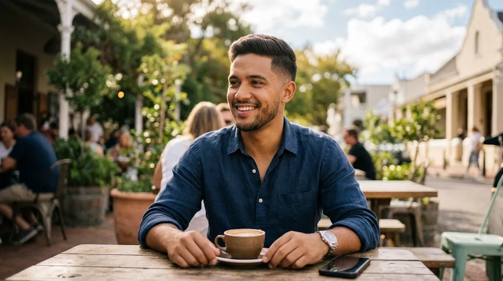 A well-groomed man with a fresh "Normal Slope Haircut" smiling warmly while sitting at an outdoor cafe table, showcasing a clean, blended hair style on the back and sides.