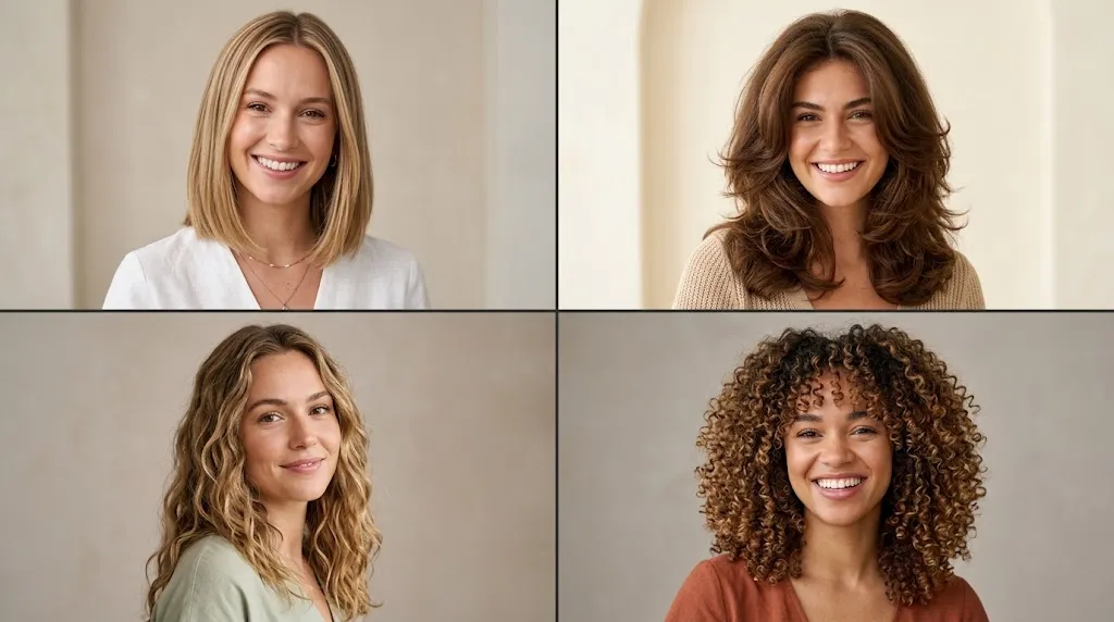 Four different women showing straight, thick, wavy, and curly hair textures for summer hairstyle guide
