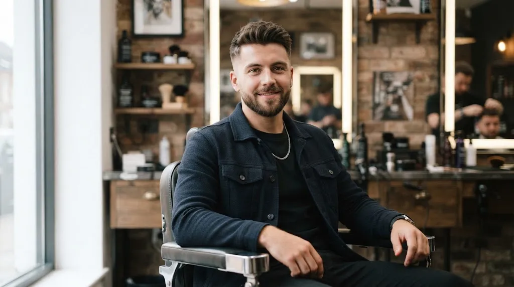A stylish man with a heart-shaped face sporting a clean low undercut hairstyle with textured top and a short beard in a barbershop