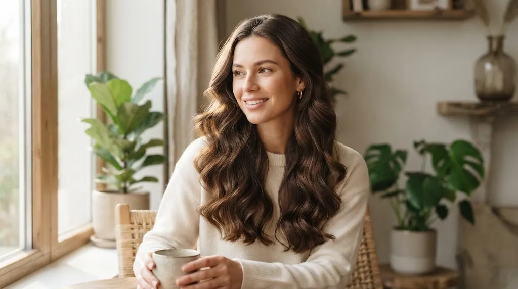 A person with smooth, healthy wavy hair showcasing proper frizz management and hair care results