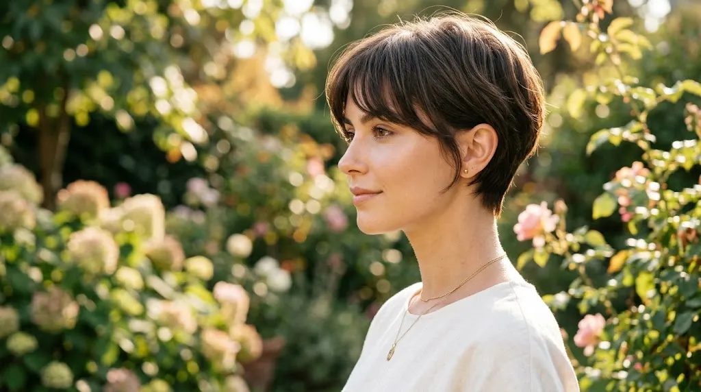 Woman with a chic pixie cut with bangs showing a clean exposed neck and soft face-framing fringe for summer