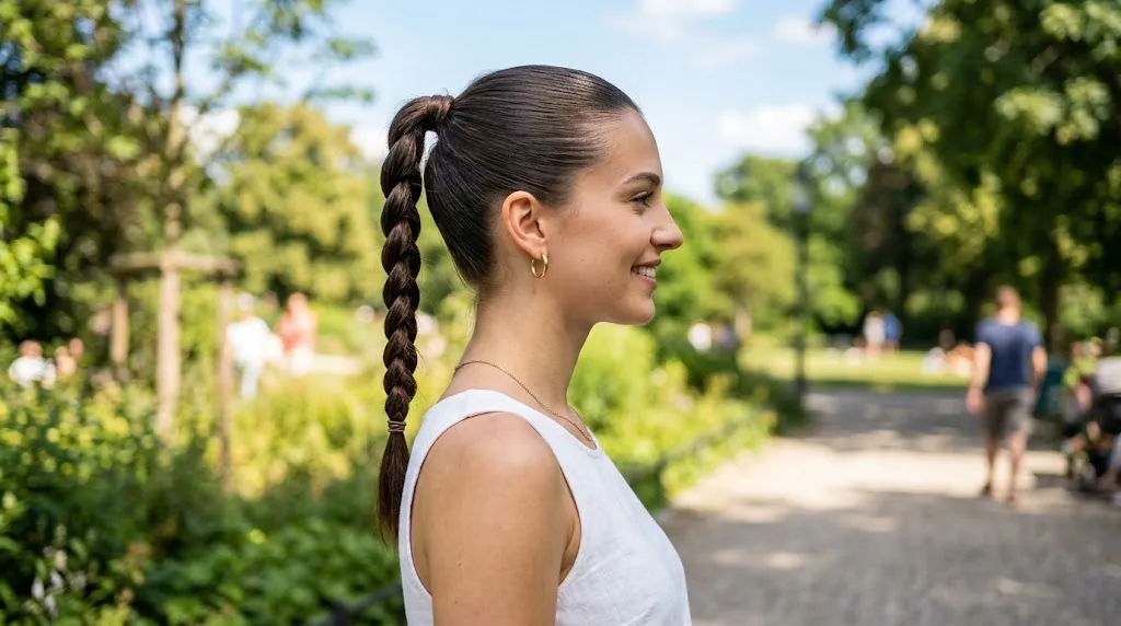 Side profile photo of a woman with a sleek, secure plait pony hairstyle braided high off her neck on a sunny summer day