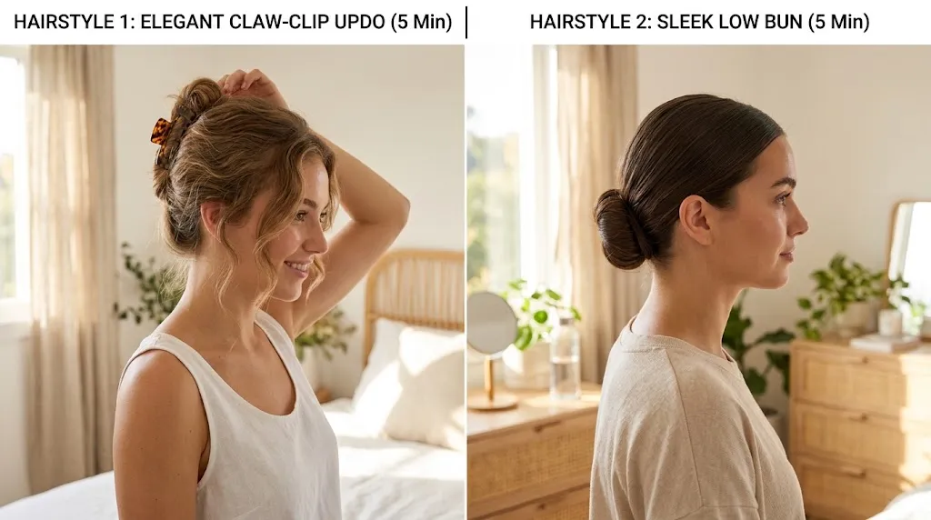 Split screen showing two quick 5-minute summer hairstyles including an effortless claw clip updo and a sleek low bun