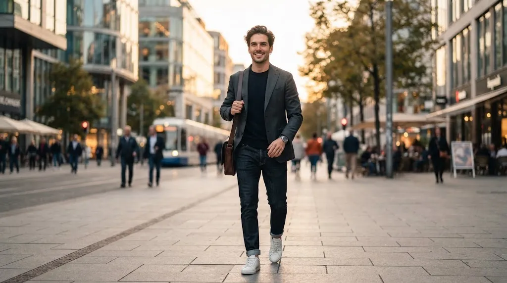 A stylish man with a heart-shaped face showcasing the balance and styling challenges of finding the right haircut for broad temples and a narrow chin.