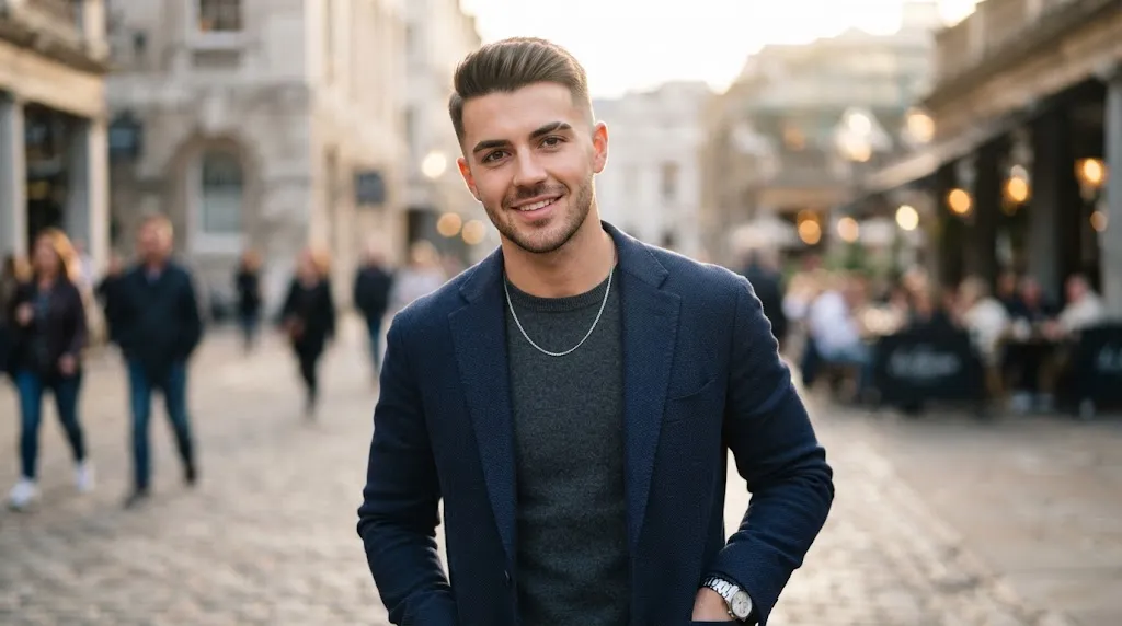 A stylish man with a short quiff and low taper fade haircut, perfectly balancing a heart-shaped face.