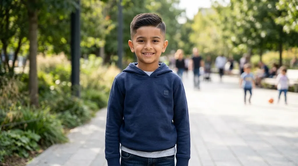 A young boy with a sharp and neat short taper haircut smiling in an outdoor park.