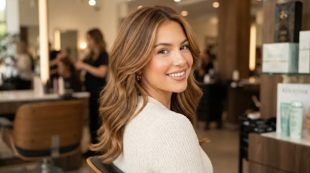 A woman with beautiful shoulder-length layers and soft, frizz-free waves in a modern hair salon