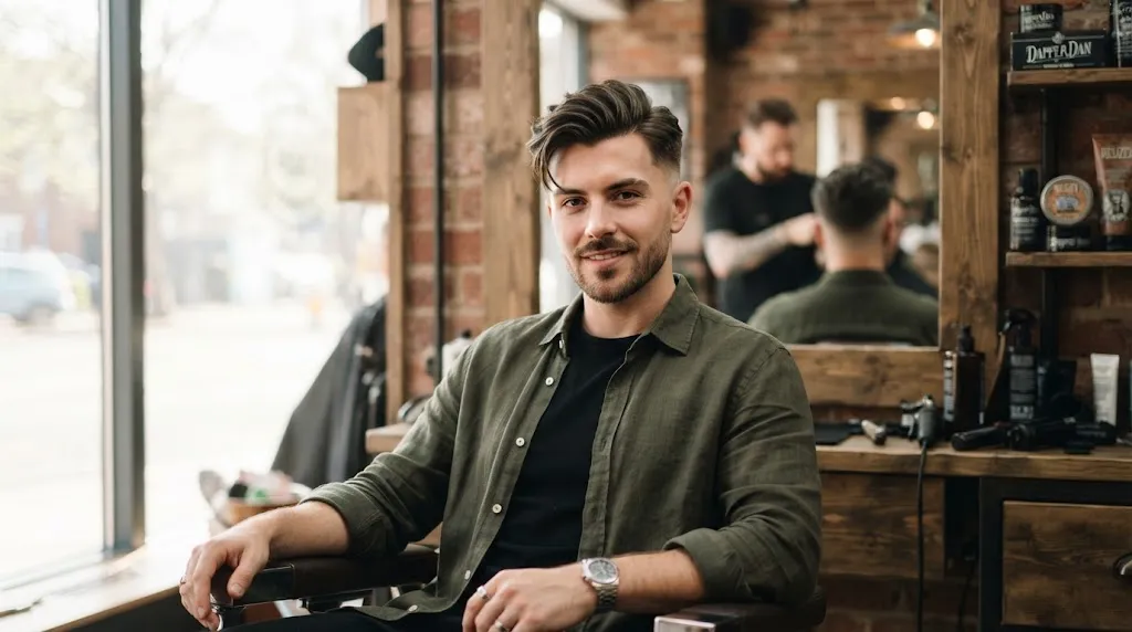Man with a heart-shaped face showcasing a stylish textured side-swept fringe haircut in a modern barbershop