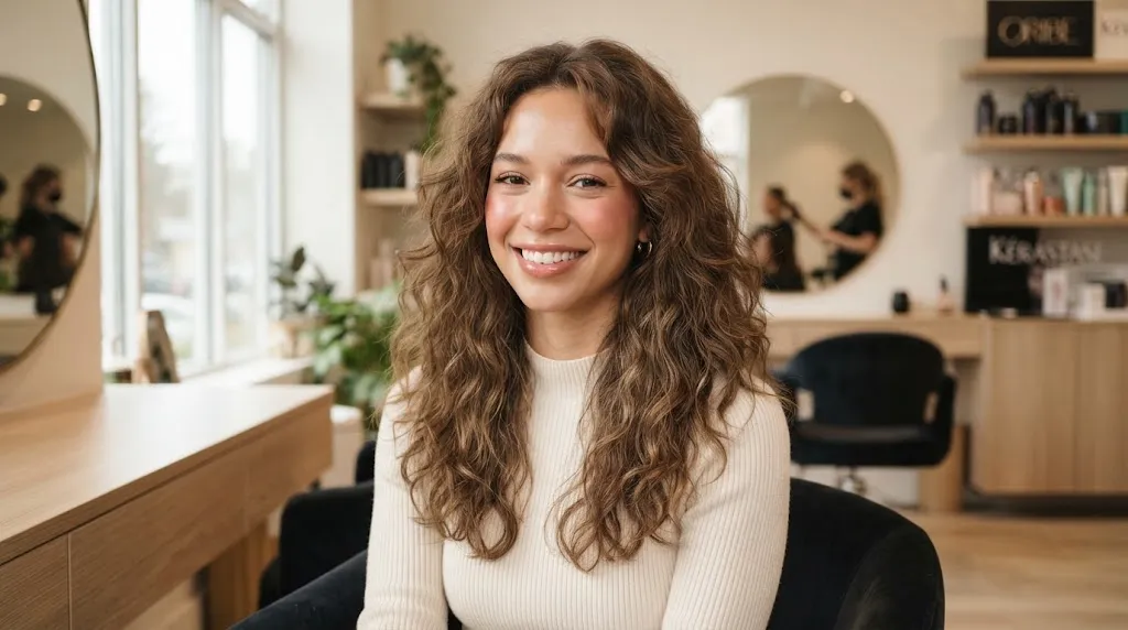 Medium-length wavy frizzy hair with a soft step cut and beautifully blended layers in a salon setting