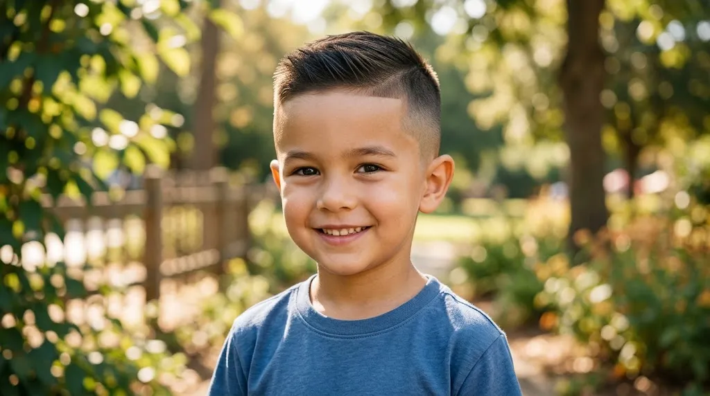 Ek chhota ladka muskurate hue, ek neat Crew Cut haircut aur blended fade ke saath dikh raha hai.