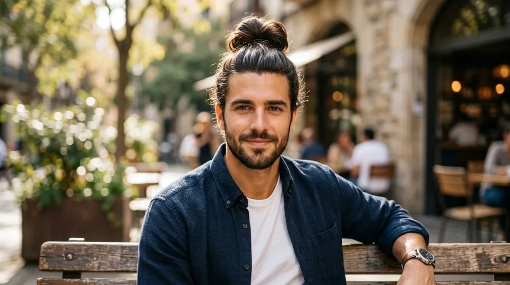 A confident man with a neatly tied man bun hairstyle sitting on an outdoor bench.