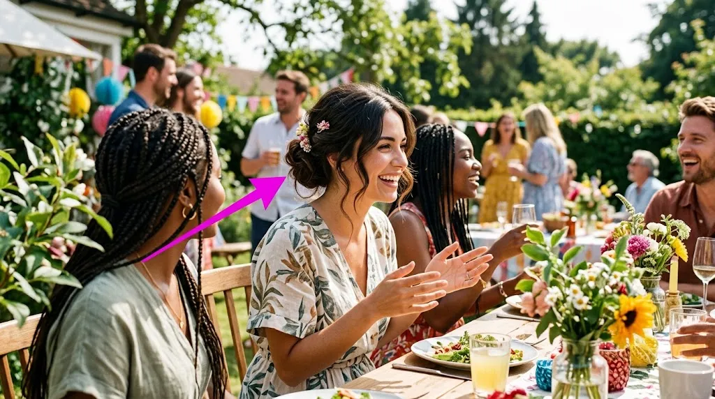 A candid photograph of a group of friends enjoying an outdoor summer garden party dinner. A woman with a braided hairstyle smiles in the foreground, and a vibrant pink arrow points to another woman in the center who is wearing a loose updo with floral accessories. Other guests with various hairstyles and summer clothing are gathered around a long, flower-decorated table.