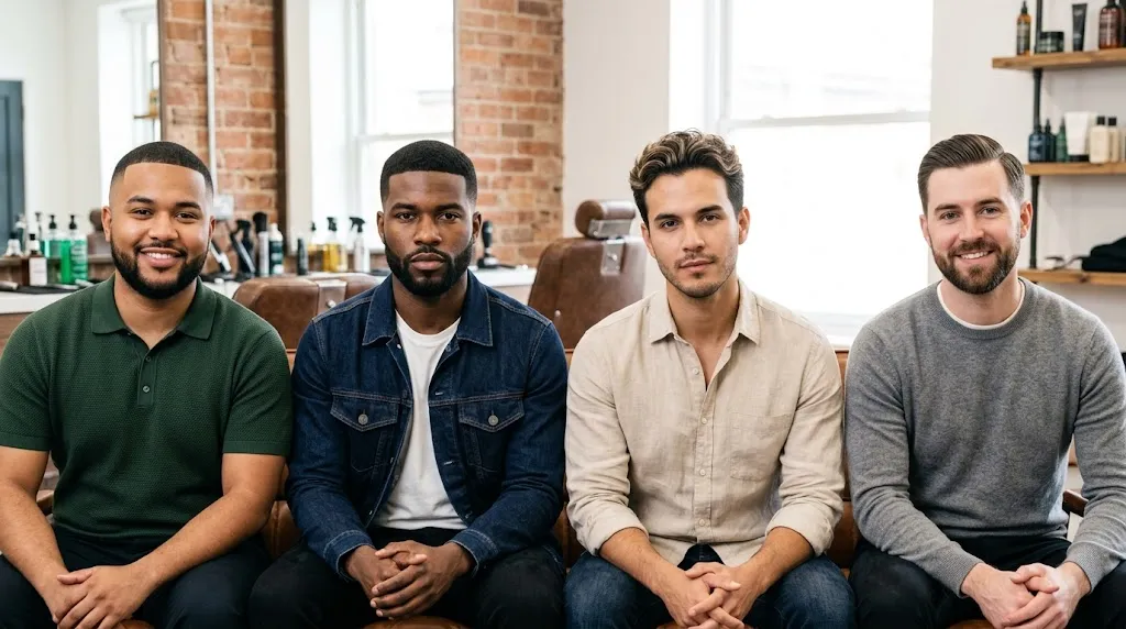 Four men displaying distinct hairstyles tailored for round, square, heart, and oblong face shapes in a summer barber studio setting