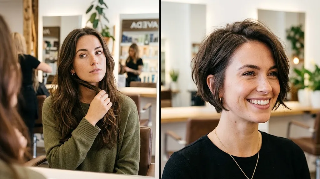 A realistic visual preview of a woman considering a short bixie cut transformation to feel cooler in summer without regret