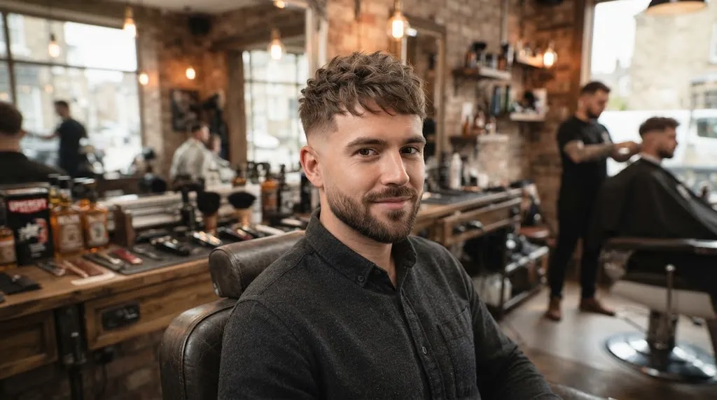 A stylish man with a textured crop haircut and low taper fade designed to balance a heart-shaped face in a modern barbershop.