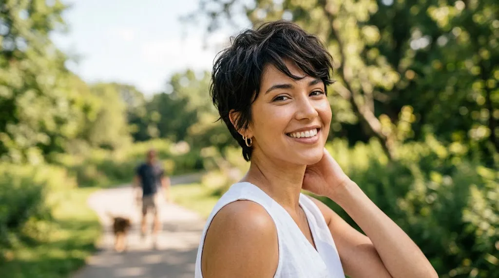 A beautiful young woman with a stylish, textured crop short haircut smiling in a park.