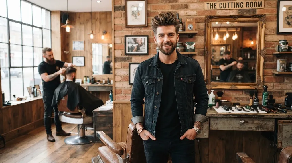 Man with a stylish textured quiff haircut and low taper sides in a modern barbershop, perfect for balancing a heart-shaped face