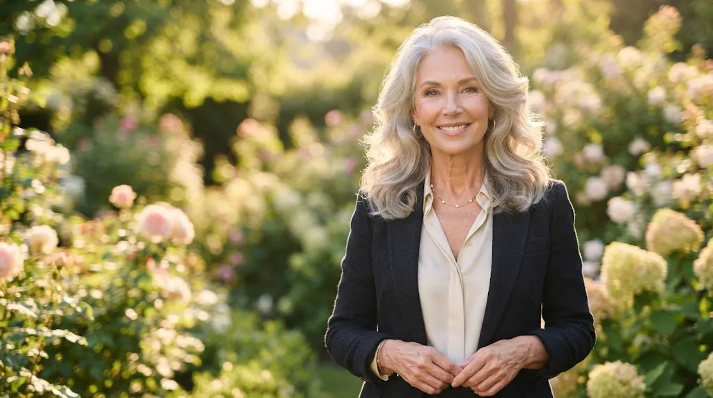 Elegant 65-year-old woman with shoulder-length wavy layered hair and smooth, frizz-free dry ends in warm natural sunlight