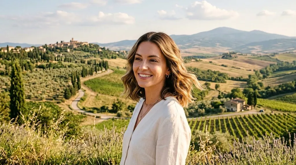 Woman with a shoulder-length wavy lob haircut styled with a clean middle part in warm summer sunlight