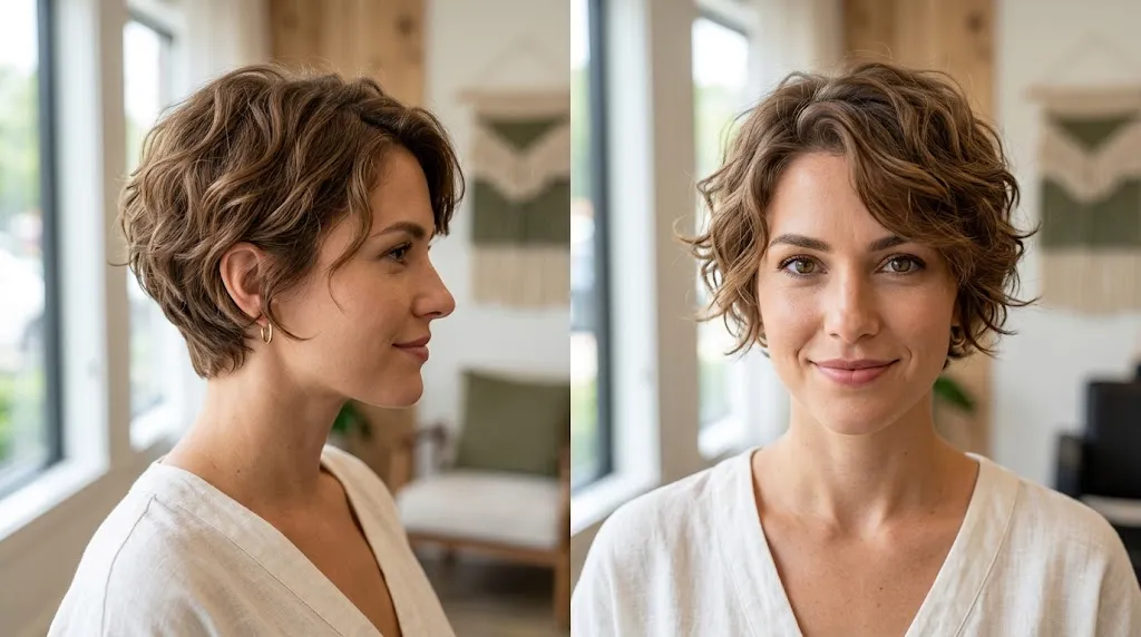 Beautiful woman with a textured wavy pixie haircut displaying natural waves and summer hair volume.