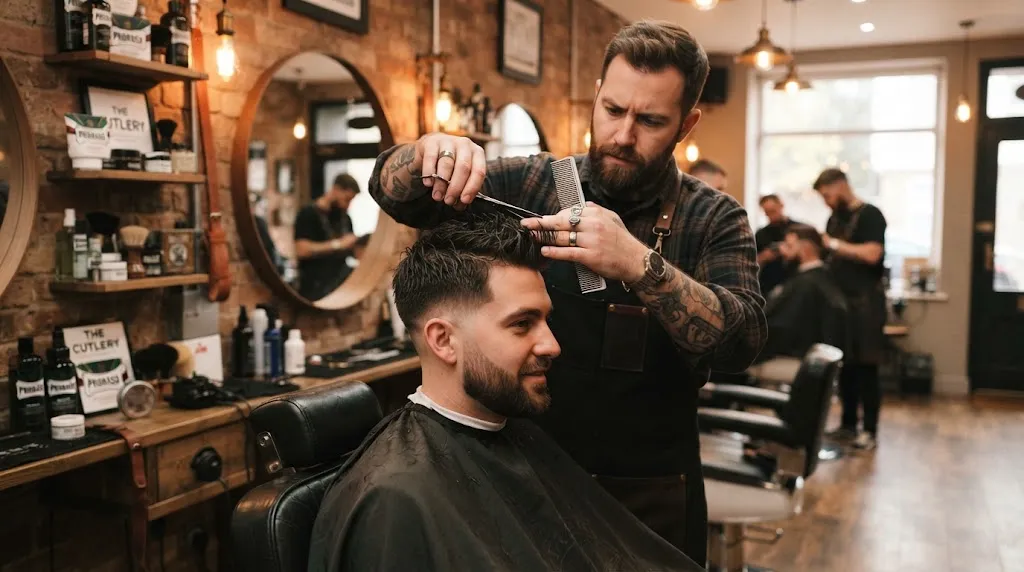 Professional barber shaping a flattering haircut to balance a heart-shaped face with a wide forehead and narrow chin