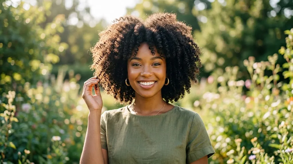 A close-up photograph of a woman with voluminous, naturally curly afro-textured hair smiling in a sunlit garden.