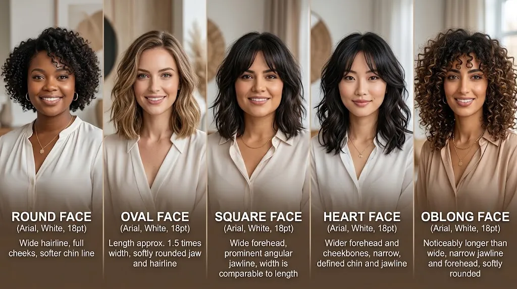 Side-by-side visual comparison of different female face shapes including round, oval, square, heart, and oblong for choosing the best summer hairstyle