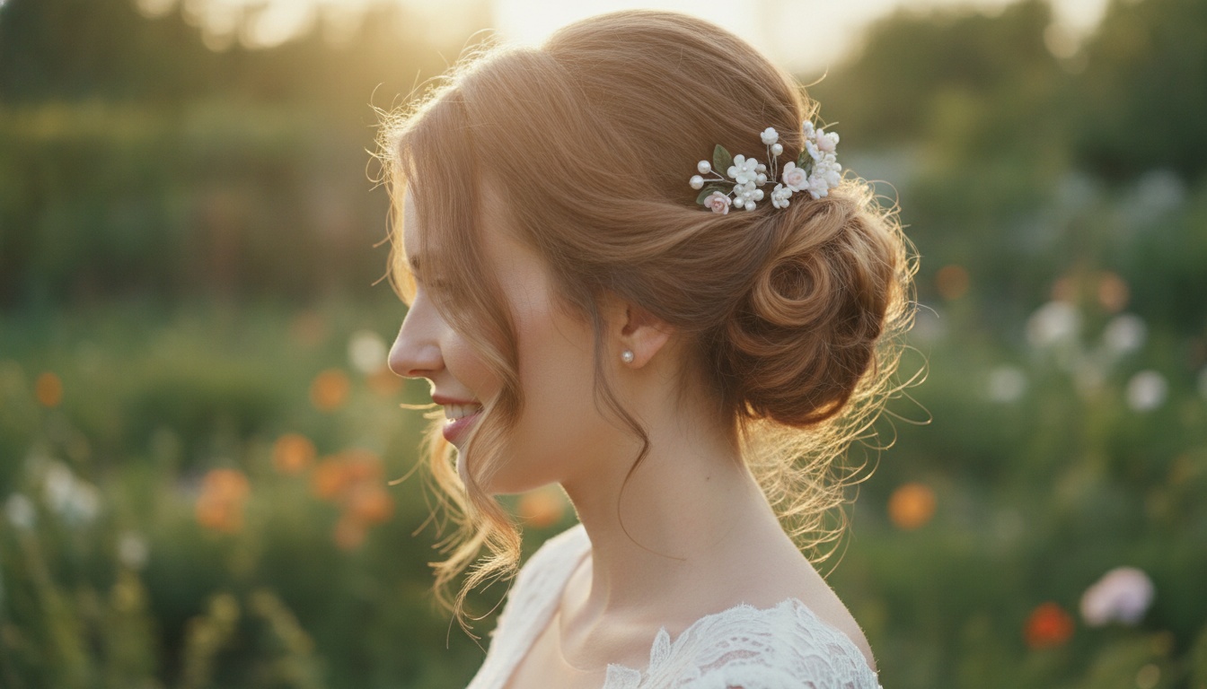 A bride in profile showcasing a detailed blonde updo adorned with white floral and pearl hairpins.
