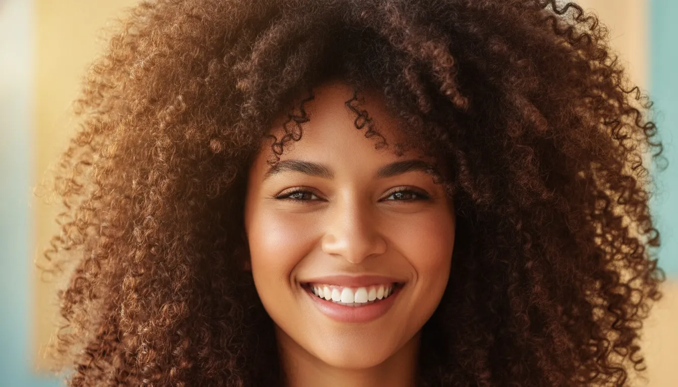 Close-up portrait of a smiling woman with voluminous, natural curly brown hair.
