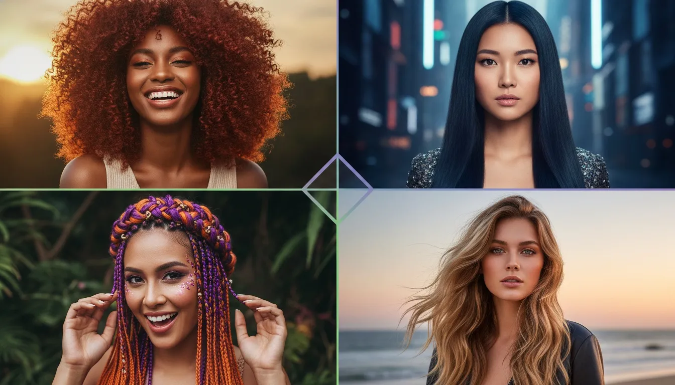 Four diverse women showcasing distinct hairstyles including a large red afro, sleek black hair, colorful braids, and wavy blonde hair.