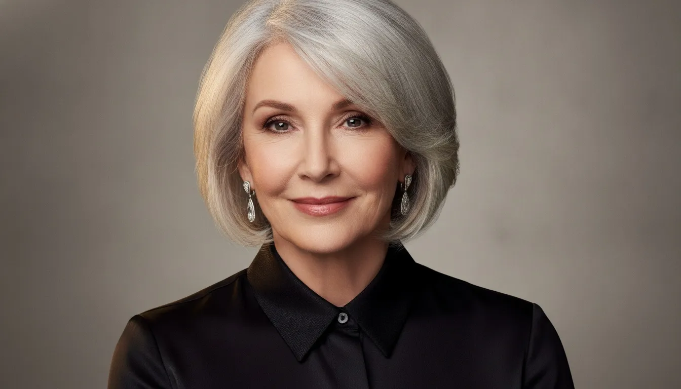Mature woman showcasing elegant silver bob haircut and dangling earrings.
