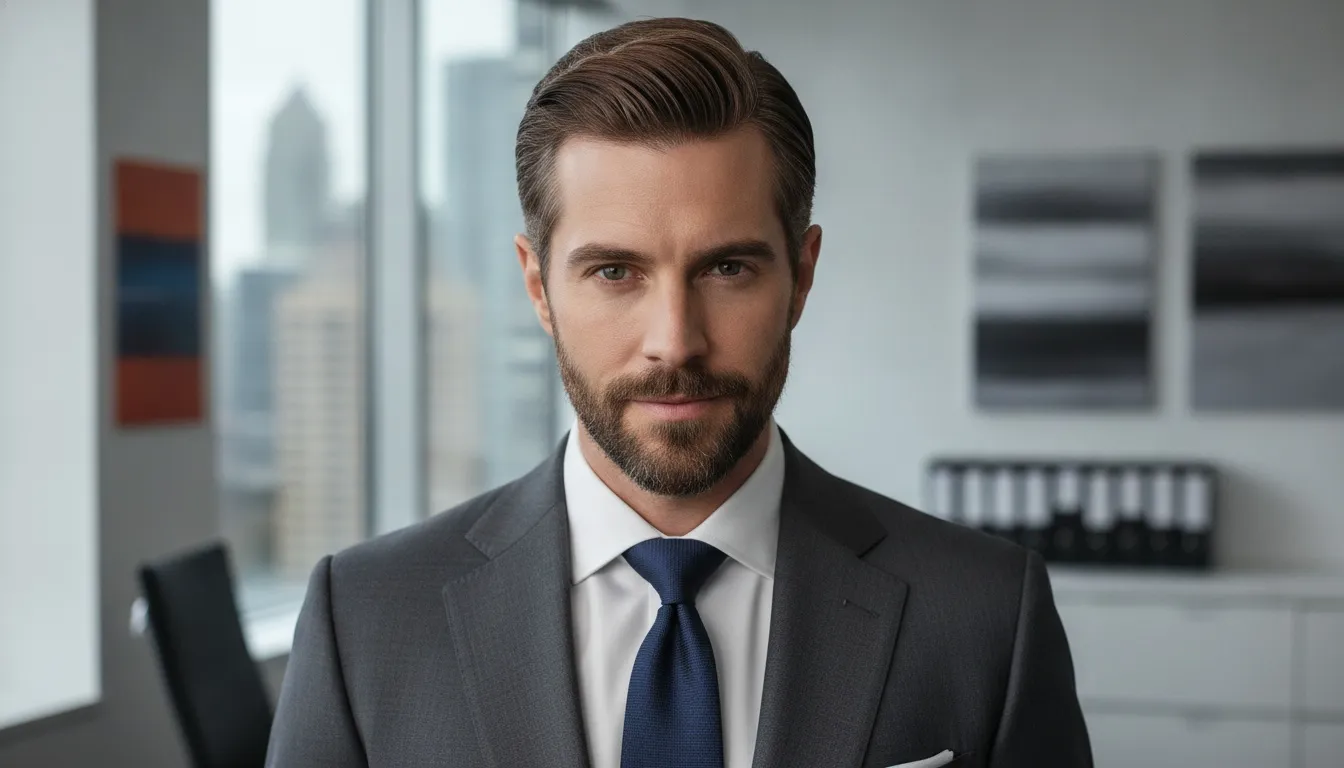 A professional man in a grey suit and blue tie posing inside a modern high-rise office.